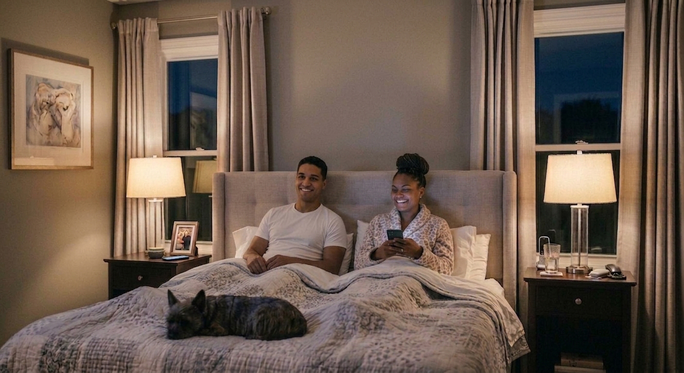 A couple watching television together in bed at night