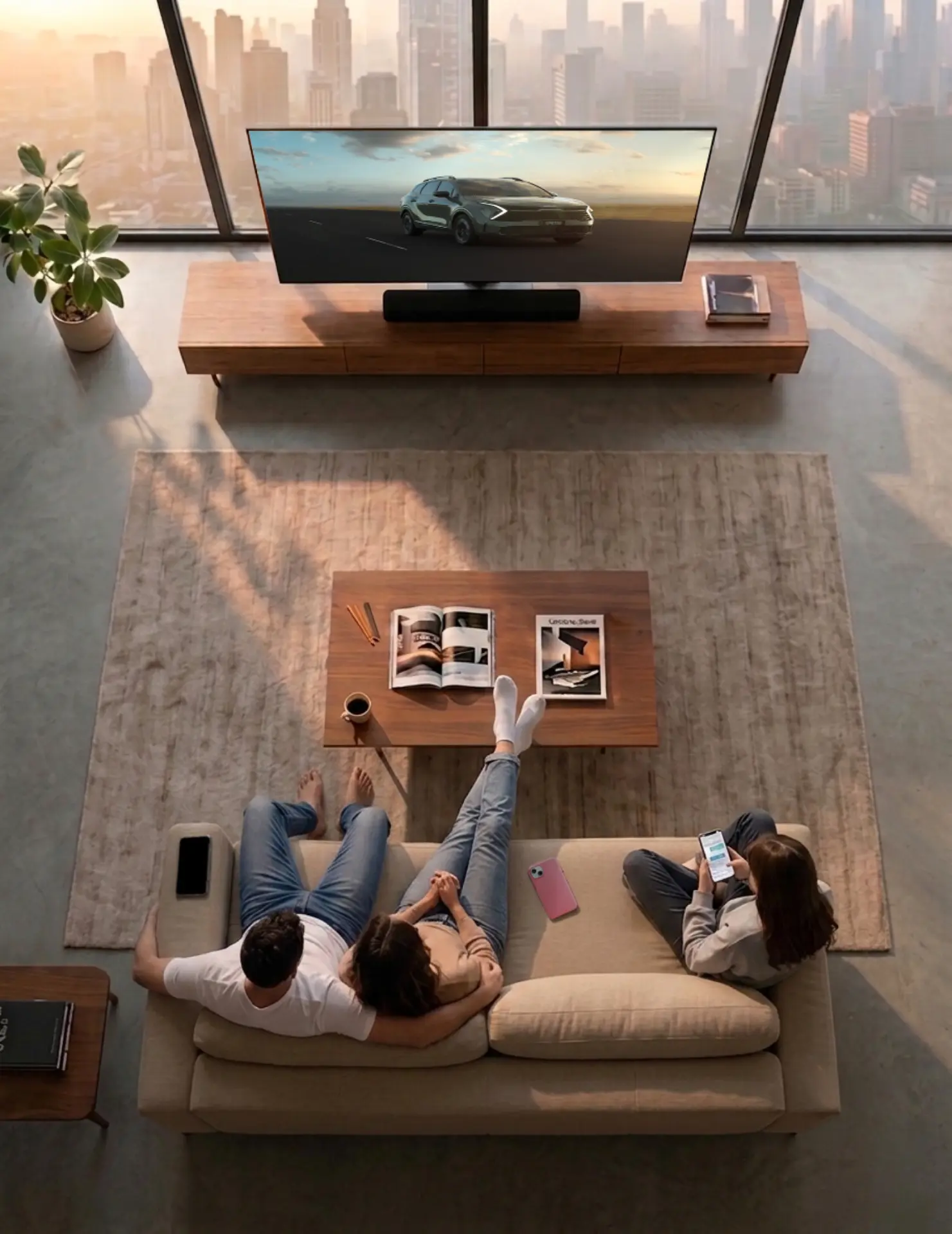 Overhead view of a living room where three people watch a TV ad while Bluetooth signal travels from the TV to each of their phones