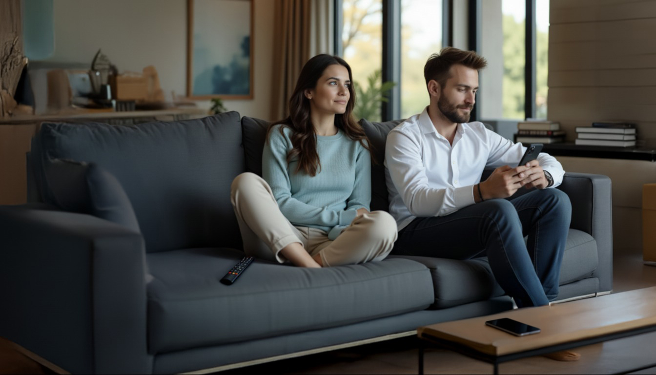 A couple on a living-room sofa: one person watches the television while the other looks at a phone, with a second phone left on the coffee table