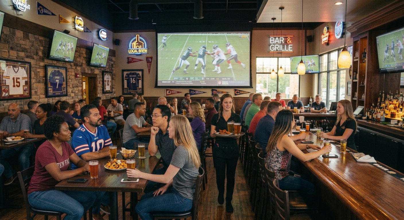 A crowded sports bar where many people watch a game on a large screen